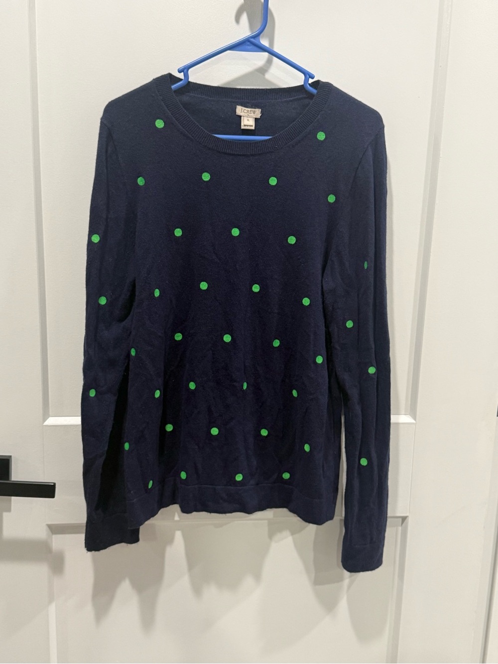 J.Crew Navy Blue Crewneck Sweater with Green Polka Dots